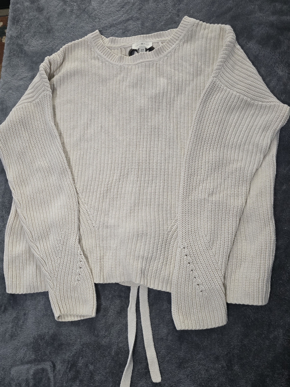 Lucky Brand Cream Crewneck Knit Sweater with Draw-Tie Hem